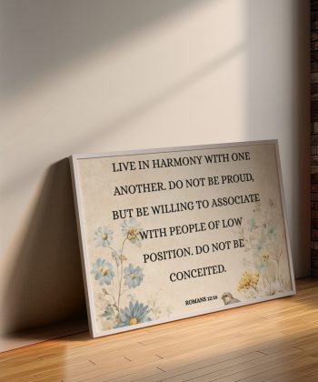 Christian Framed Canvas Wall Art Living Room Decor – Bible Verse Book of Romans 12:16 Print – “Live in harmony...” – Floral Scripture Canvas, Faith Home Decor, Inspirational Religious Wall Art