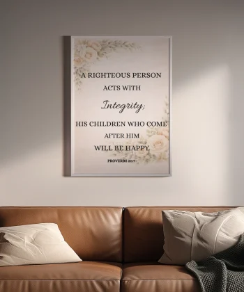 Christian Framed Canvas Wall Art Living Room Decor – Bible Verse Book of Proverbs 20:7 Print – “Righteous act with Integrity” – Floral Scripture Canvas, Faith Home Decor, Inspirational Religious Wall Art