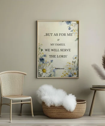 Christian Framed Canvas Wall Art Living Room Decor – Bible Verse Book of Joshua 24:15 Print – “As for me and my family..” – Floral Scripture Canvas, Faith Home Decor, Inspirational Religious Wall Art
